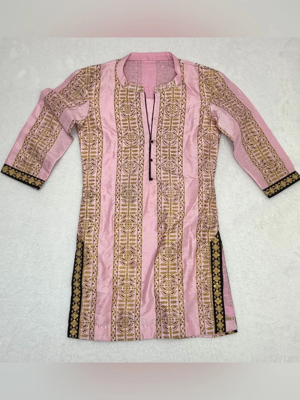 Vintage Pink Kurti Tunic Top Girl Gold Printed Indian Pakistani Kurta Size 8-10